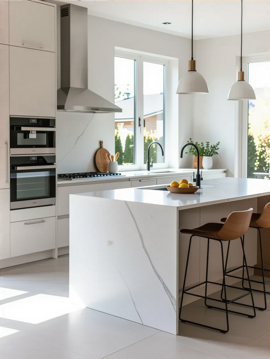 Modern kitchen with adjustable height island, sleek D-shaped cabinet handles, and clear pathways, showcasing accessible kitchen design.