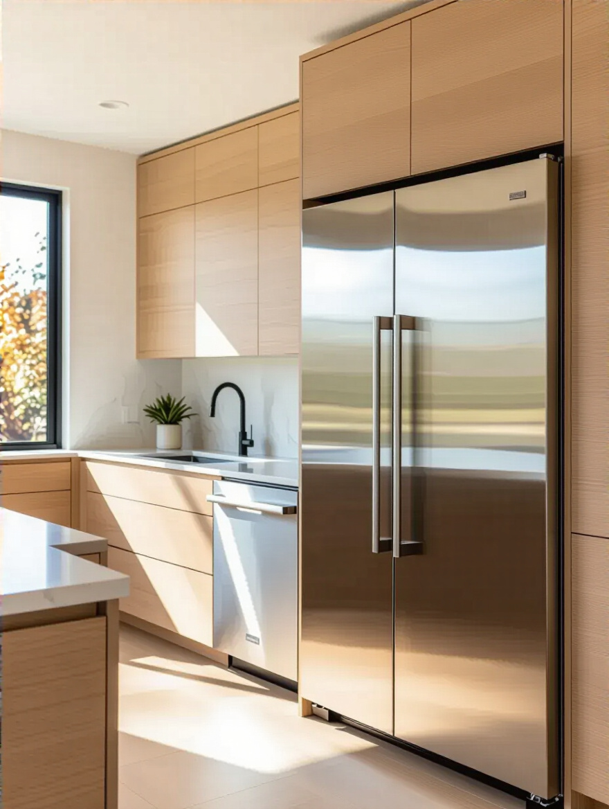 A minimalist modern kitchen showcasing perfectly integrated appliances, with custom flat-panel cabinetry concealing a refrigerator and dishwasher for a sleek, unbroken design. The room features soft lighting and clean lines.