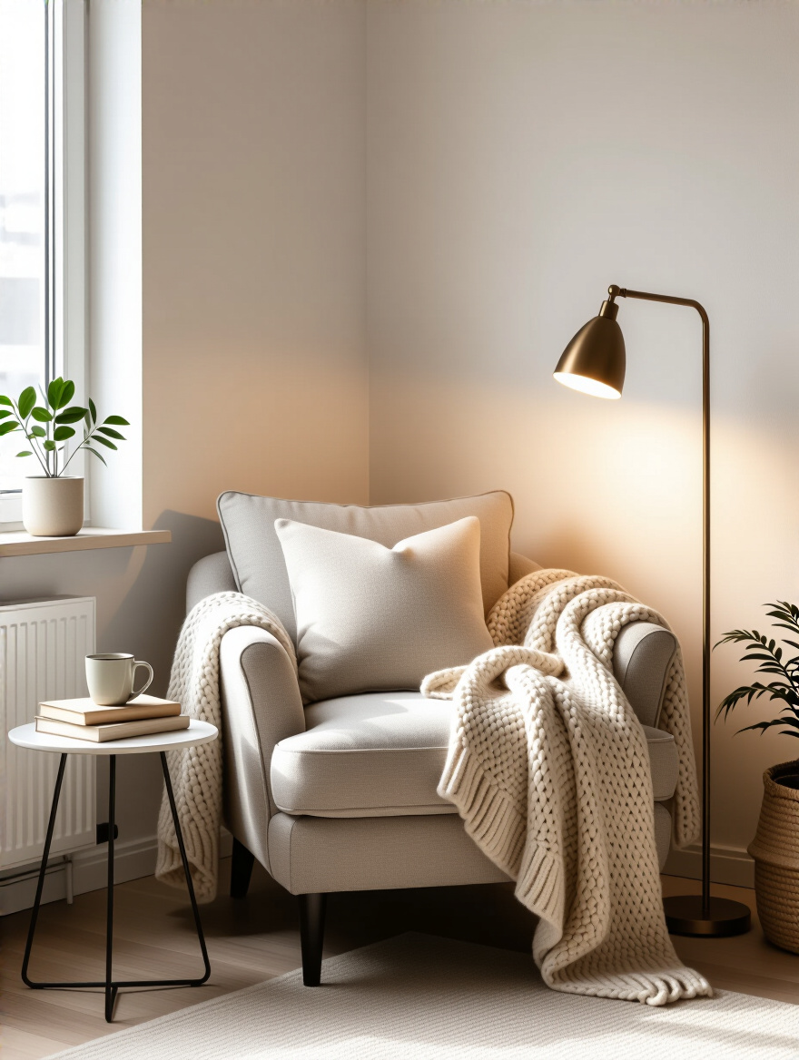 A well-designed cozy reading nook in a small apartment bedroom, featuring a comfortable armchair, side table, reading lamp, and soft textiles, bathed in warm natural light.