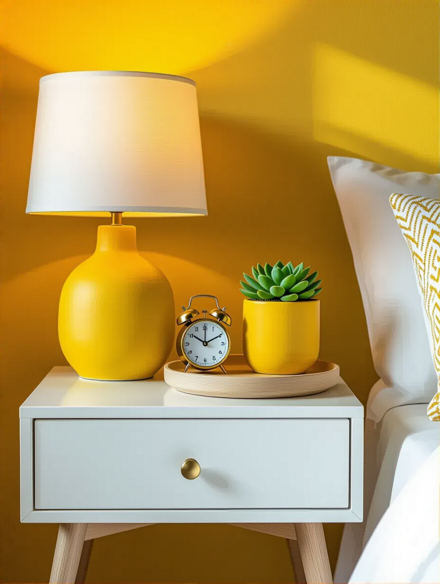 Stylish yellow-themed bedside table display with a yellow lamp, succulent, and alarm clock on a white nightstand.