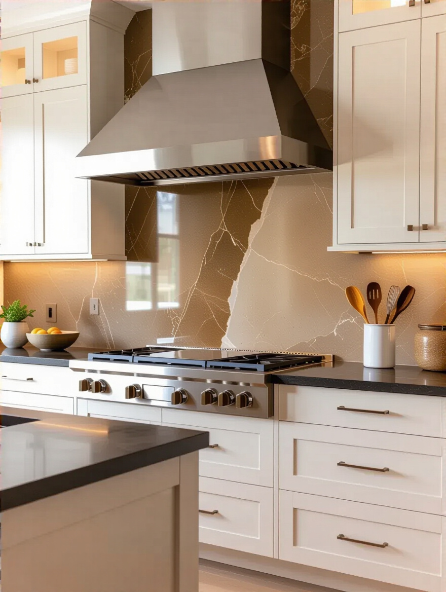 Luxurious kitchen featuring a floor-to-ceiling natural stone backsplash behind a range, illuminated by under-cabinet lighting.