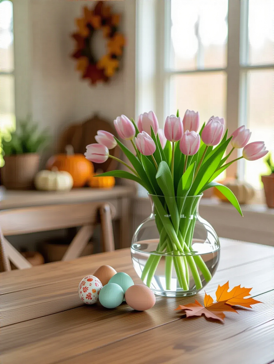 Kitchen table centerpiece featuring spring tulips in a glass vase, with neatly arranged autumn decor subtly visible in the background, illustrating seasonal rotation potential.