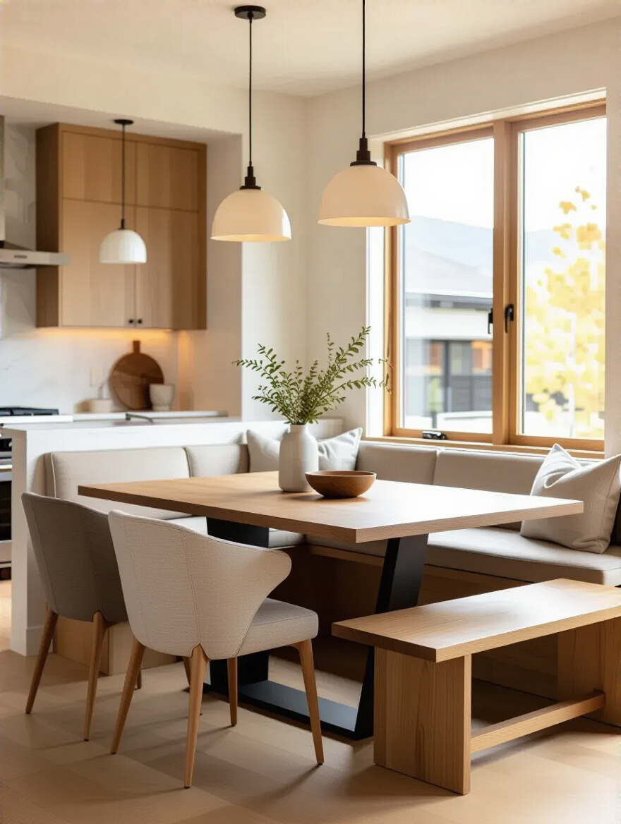 Dining area with well-spaced seating around a table in a modern kitchen