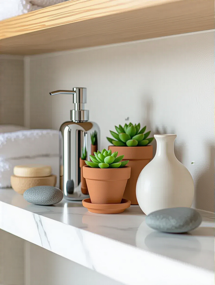 A collection of varied decor items, including a sleek white ceramic vase, a faux green plant in a terracotta pot, and a polished stone, arranged neatly on a light wood shelf in a clean, modern bathroom, demonstrating a unified bathroom decor style.