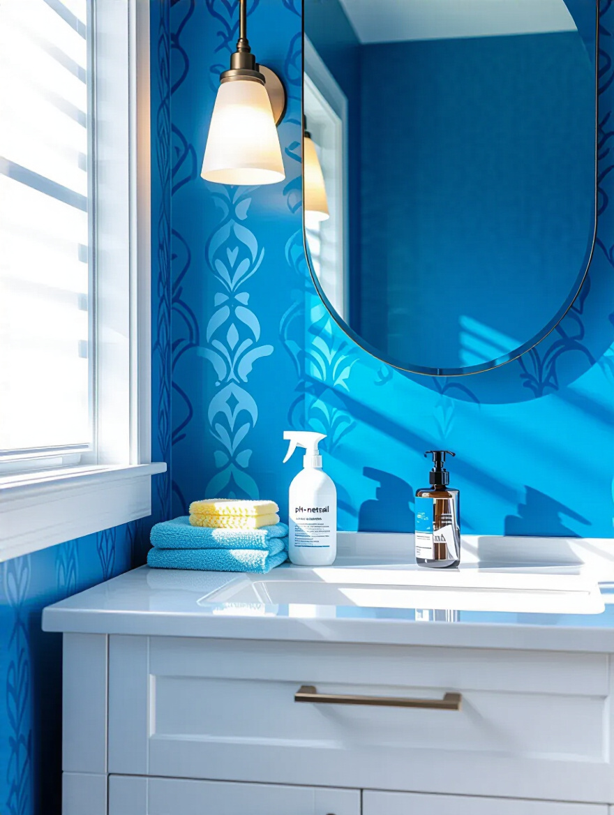 Portrait of a bathroom with blue wallpaper and gentle cleaning tools on a clean vanity