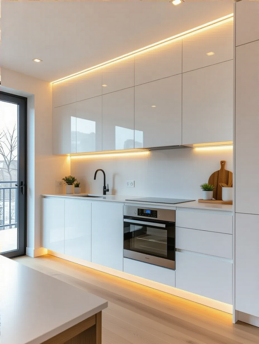 Tall floor-to-ceiling cabinets in a modern small kitchen