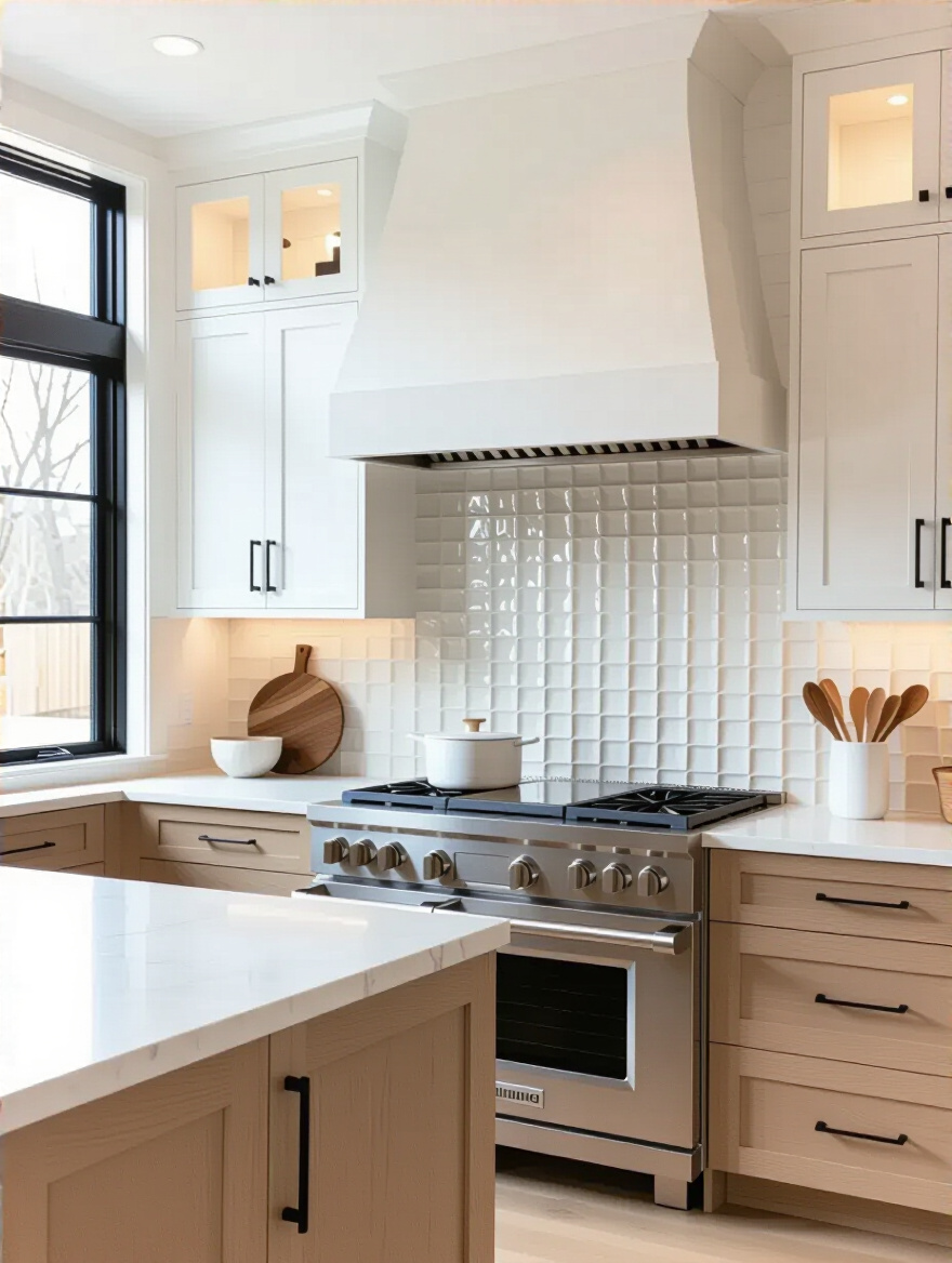 Texture-rich kitchen backsplash with layered materials in a modern kitchen