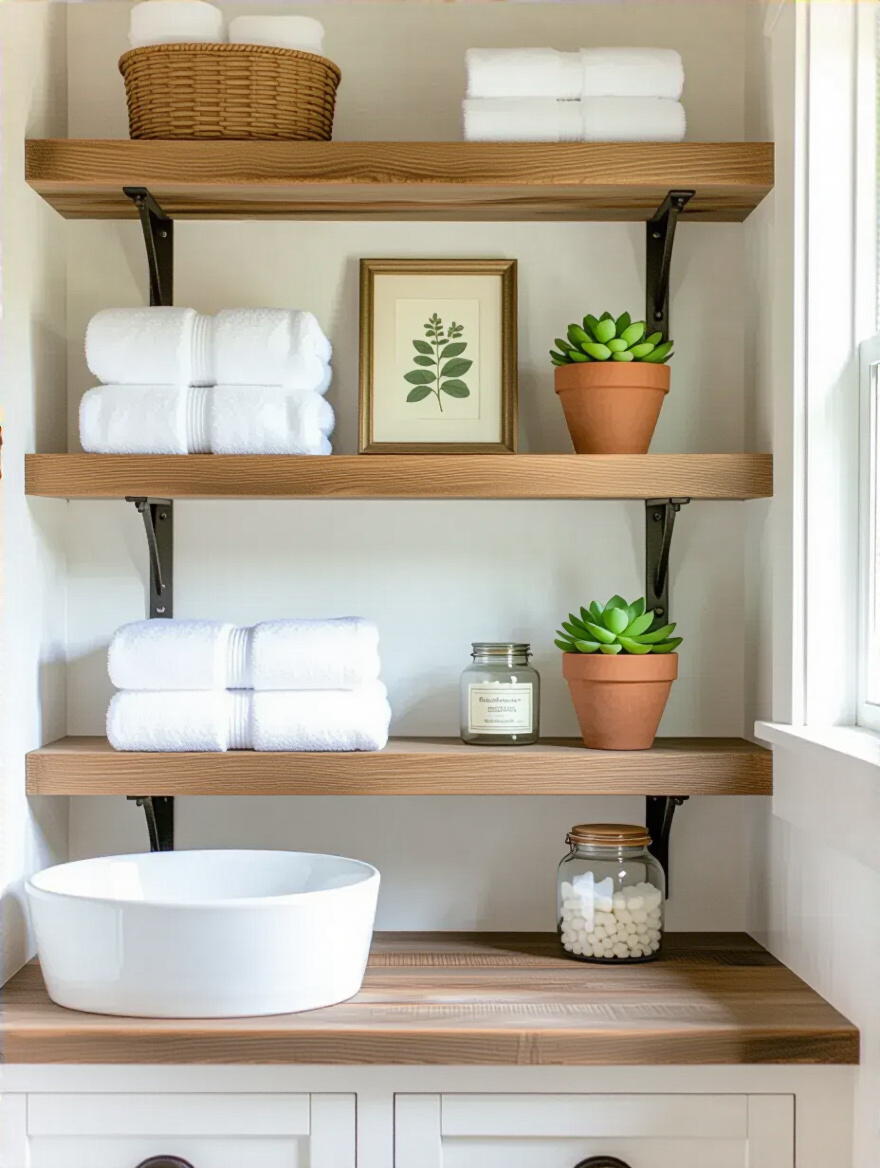 Farmhouse bathroom with open distressed wood shelves featuring rolled white towels, a succulent, botanical print, and apothecary jar, all thoughtfully curated.