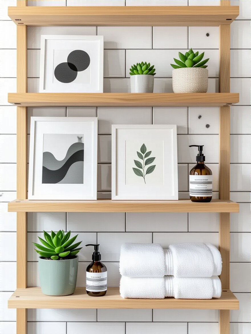 Minimalist bathroom shelf decorated with various small framed black-and-white abstract art, botanical illustration print, and a potted succulent.