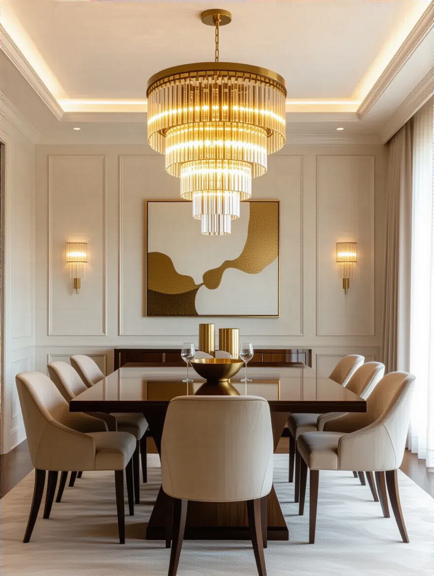 Elegant dining room with a single large art-deco gold chandelier as the clear focal point above a dark wood table, complemented by discreet recessed ceiling lights to illustrate balanced lighting design and avoid overcrowding.