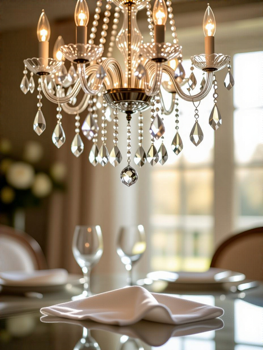 Close-up of a brilliantly sparkling crystal dining room chandelier with a soft microfiber cloth poised nearby, illustrating the importance of a regular dusting schedule for maintaining clarity.
