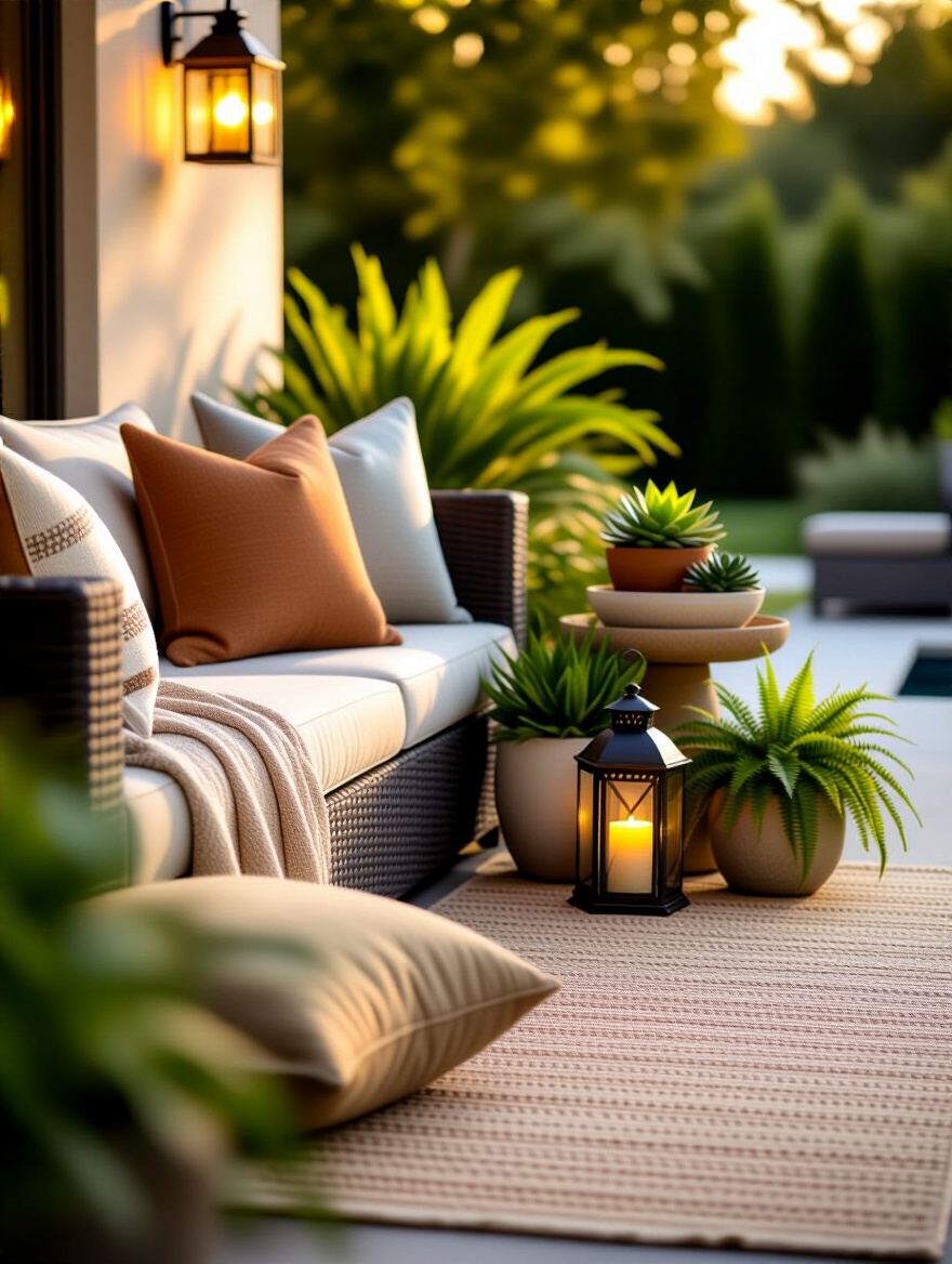 Cozy patio area featuring an outdoor rug, decorative pillows, string lights, and potted plants, illustrating strategic accessories and decor.