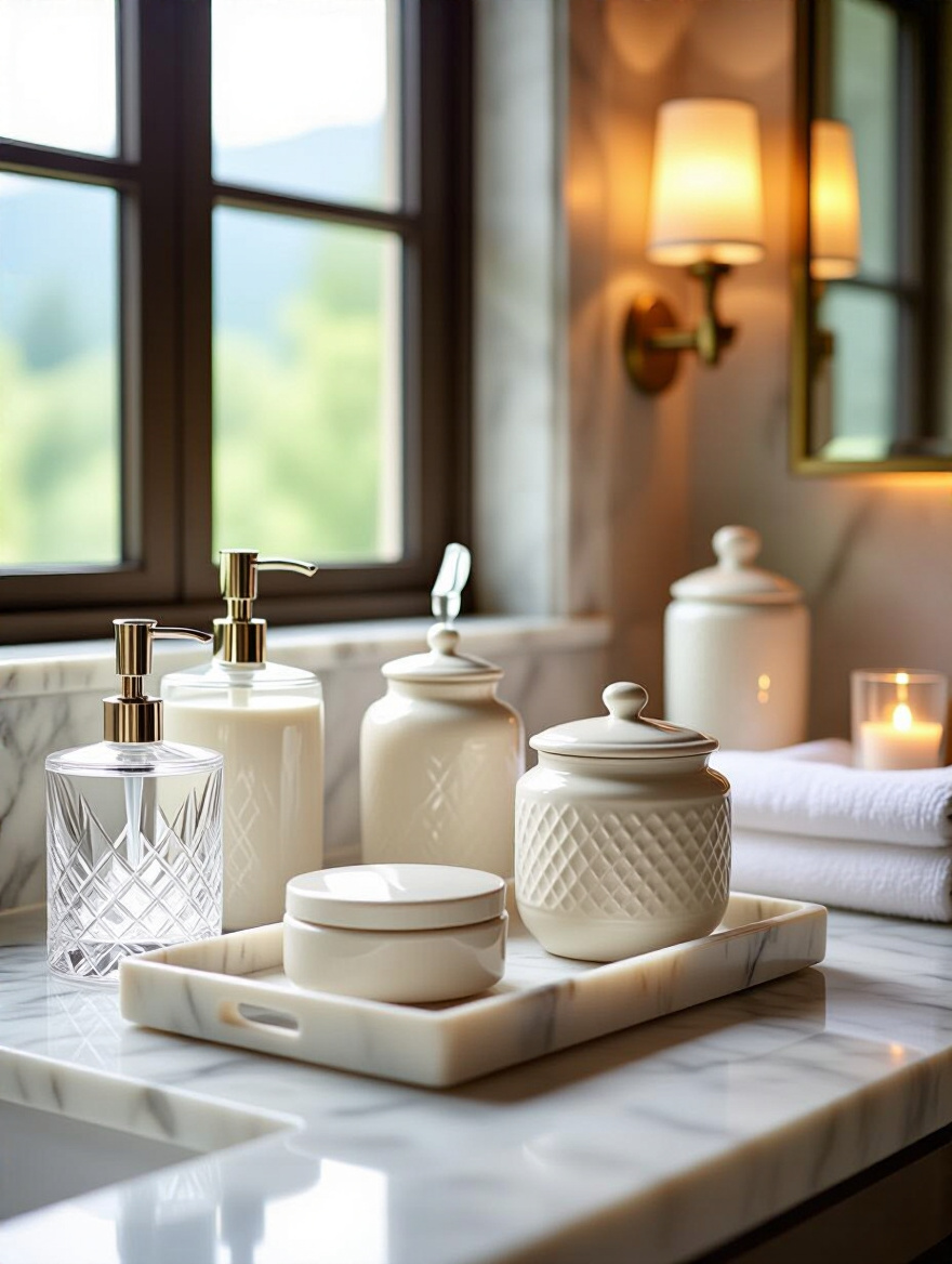 Luxurious bathroom vanity organized with decorative containers for high-end toiletries