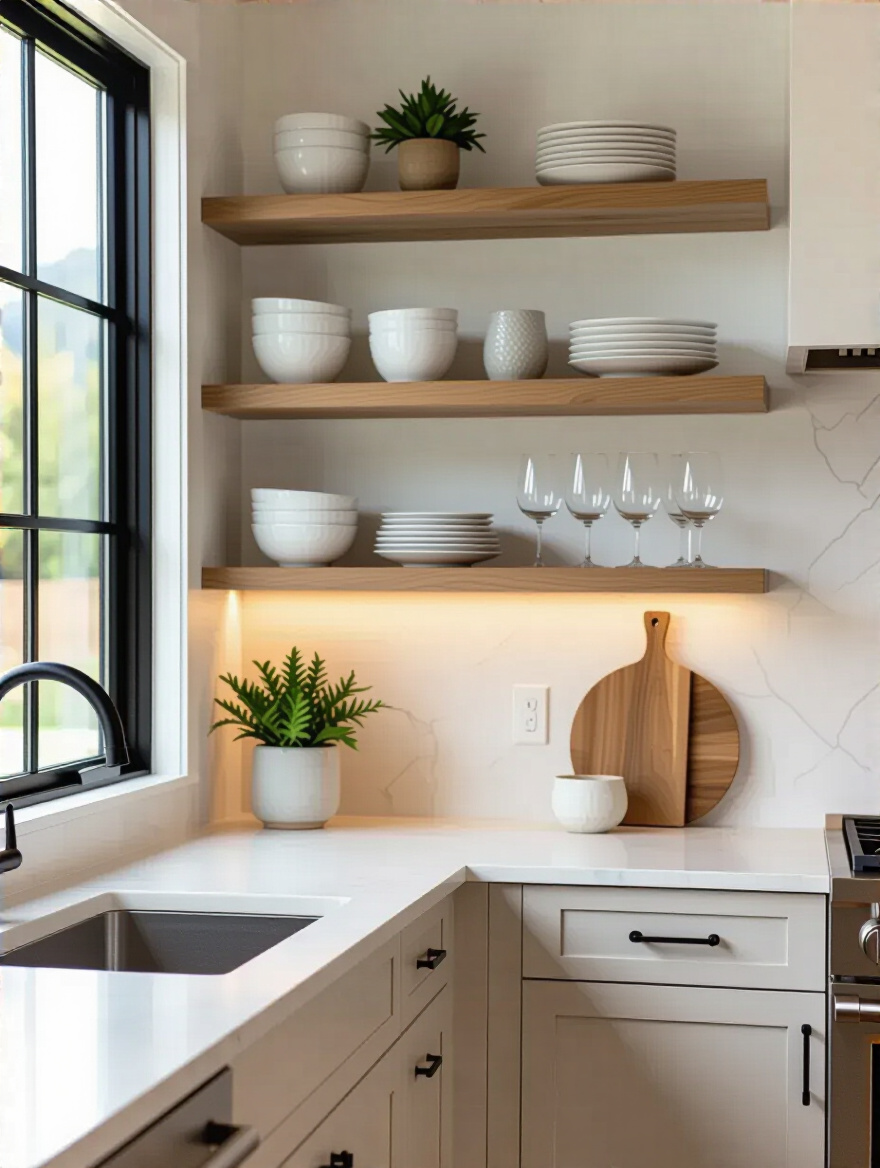 Open shelving in a contemporary kitchen with curated displays