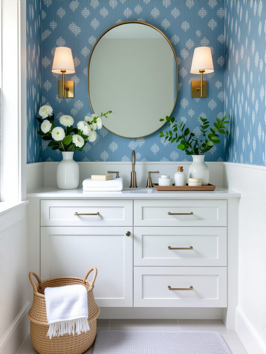 Portrait view of a blue wallpaper bathroom with seasonal accessories reflecting seasonal moods