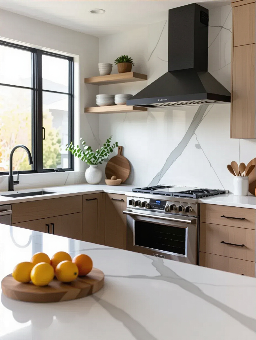 Portrait of a modern kitchen with a seamless slab backsplash