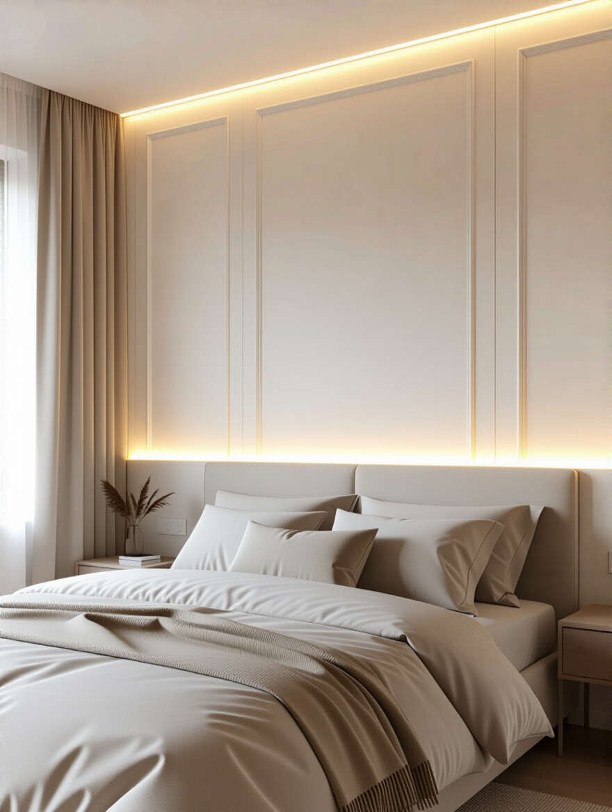 Modern bedroom with a white fluted MDF textured accent wall behind a minimalist bed, showcasing subtle lighting and sophisticated design.