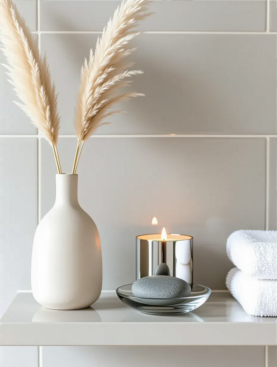 Modern bathroom shelf featuring a perfectly balanced decor grouping of three items: a tall ceramic vase, a medium chrome candle, and a small glass dish with a stone, demonstrating the Rule of Three in design.