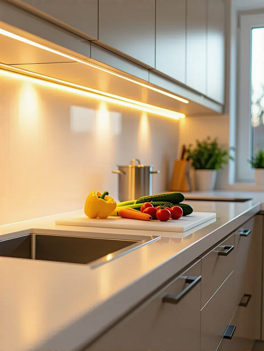 Modern kitchen counter with warm under-cabinet LED lighting illuminating a food prep area, showcasing functional task lighting eliminating shadows on the countertop.