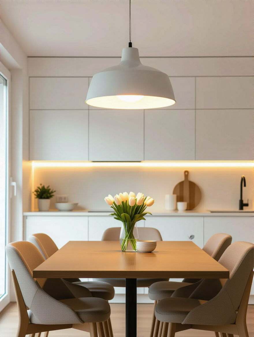 Portrait of a modern kitchen dining area with an overhead lighting fixture centered above the dining table, warm ambient glow, no people