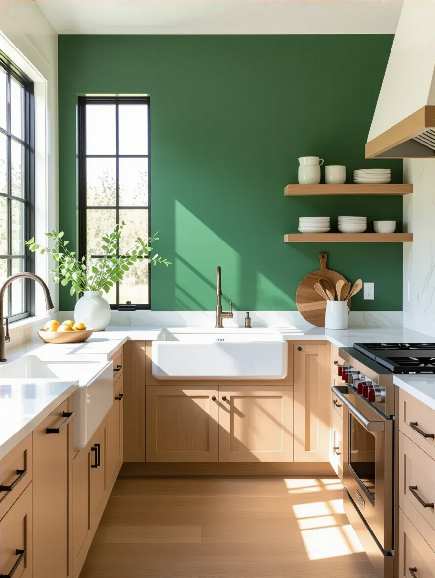 Modern kitchen showcasing a bright off-white wall next to a deep sage green accent wall behind a sink, reflecting light and adding depth.