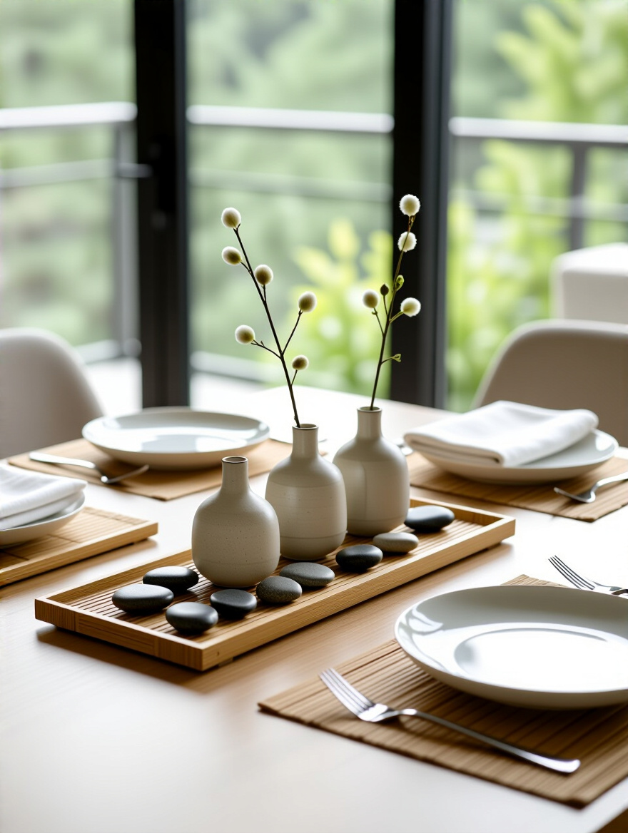 A lightweight decorative centerpiece on a bamboo tray, slightly off-center on a modern dining table set with white plates, ready for easy mobility.