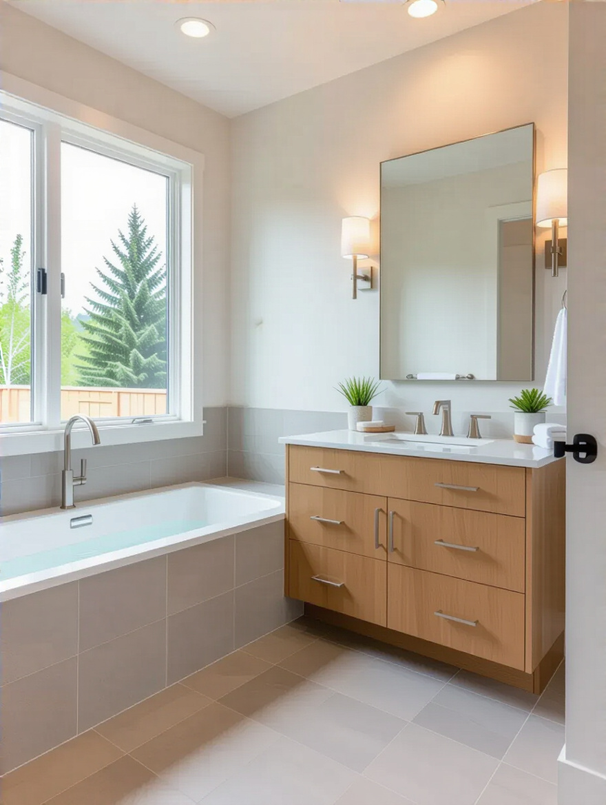 Portrait view of a value-aligned bathroom remodel in a mid-range home