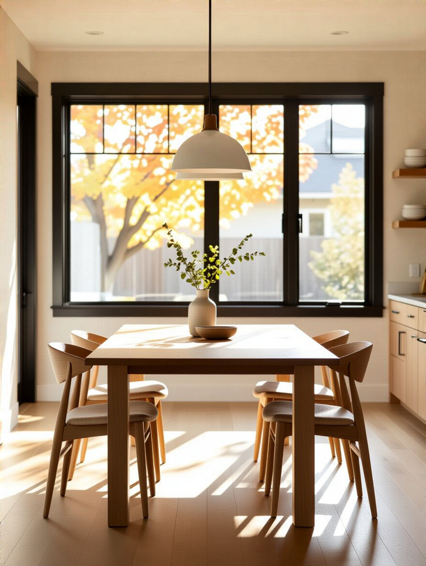 Portrait of a budget-conscious dining space with a simple wooden table and chairs.