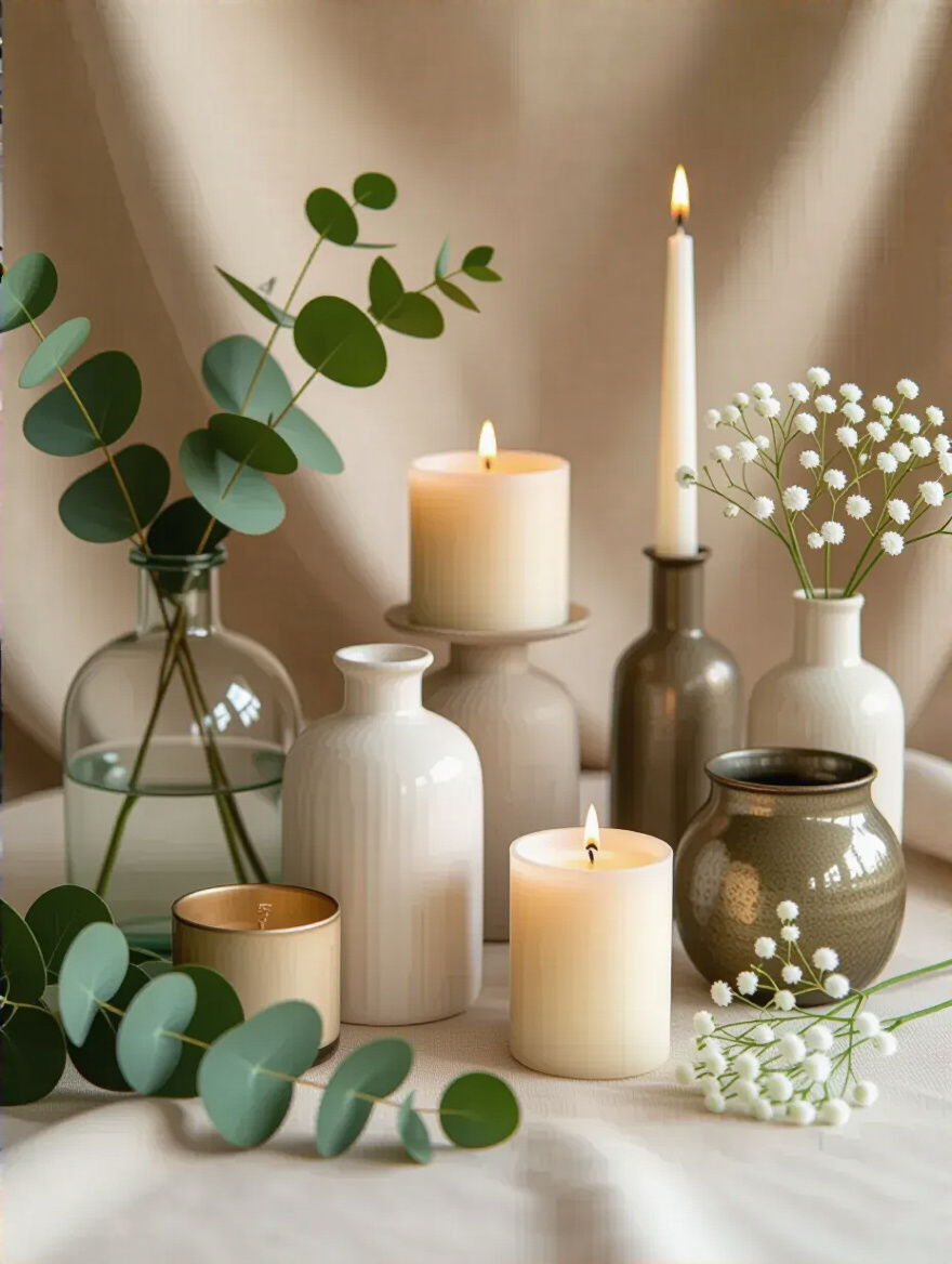 Arrangement of various kitchen table centerpiece components, including vases, candles, and greenery, on a neutral fabric surface, representing a budget-conscious selection process.