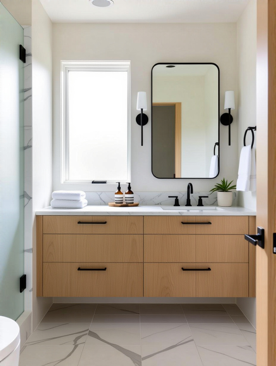Vertical modern bathroom with a calm, budget-minded design and natural light