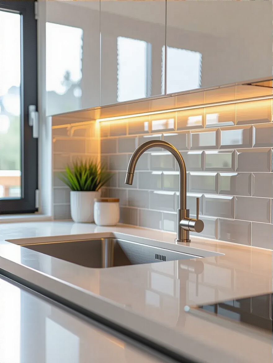 Portrait of a modern kitchen backsplash design with tile samples and color palette on a clean counter.