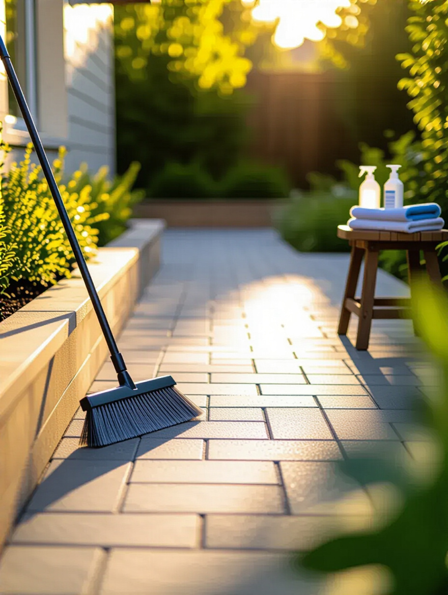 Clean and well-maintained backyard patio with subtle cleaning tools and lush greenery.