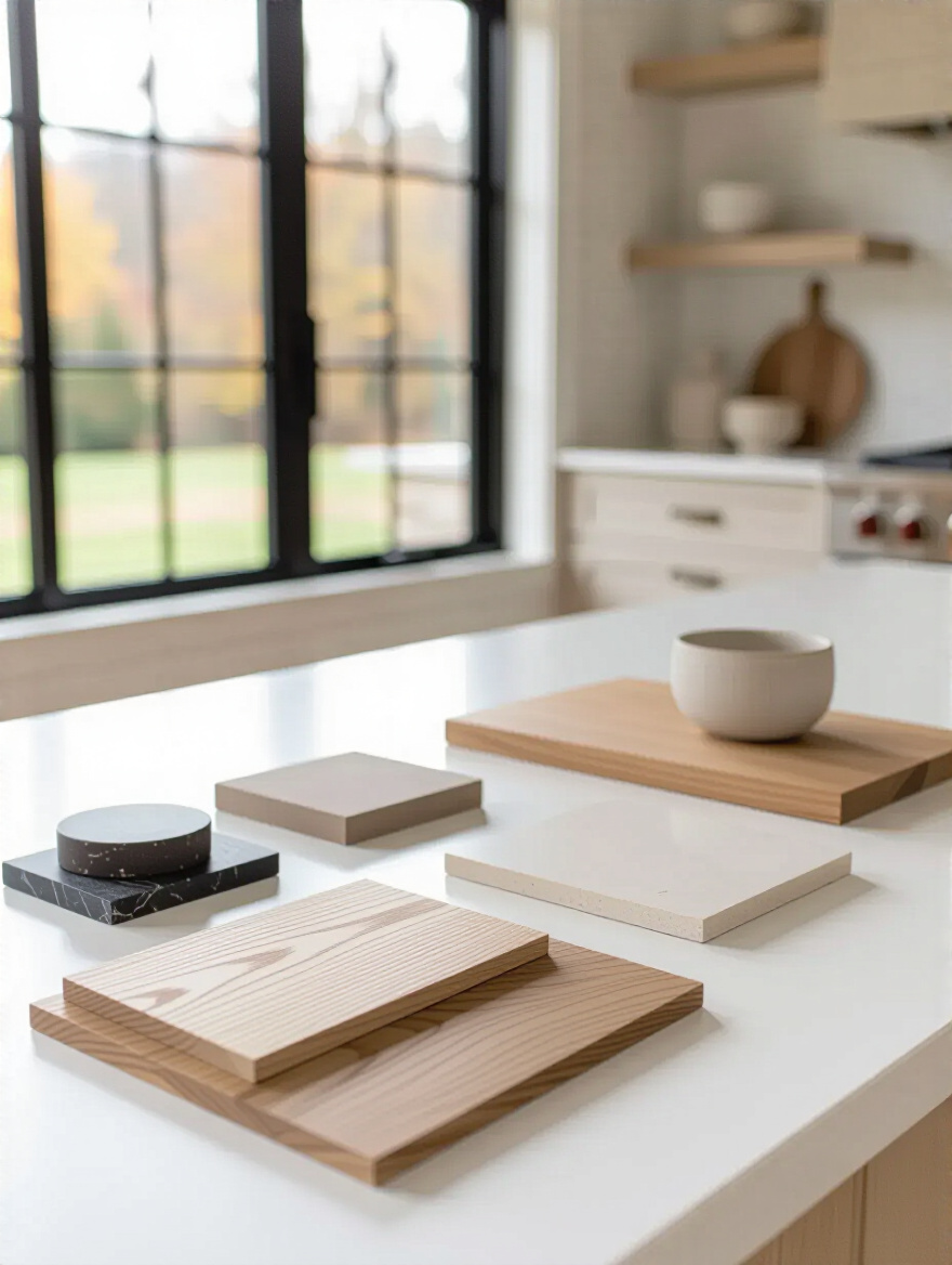 Mood board with material samples for cohesive kitchen design aesthetic, showcasing wood, stone, and tile swatches, in soft light.