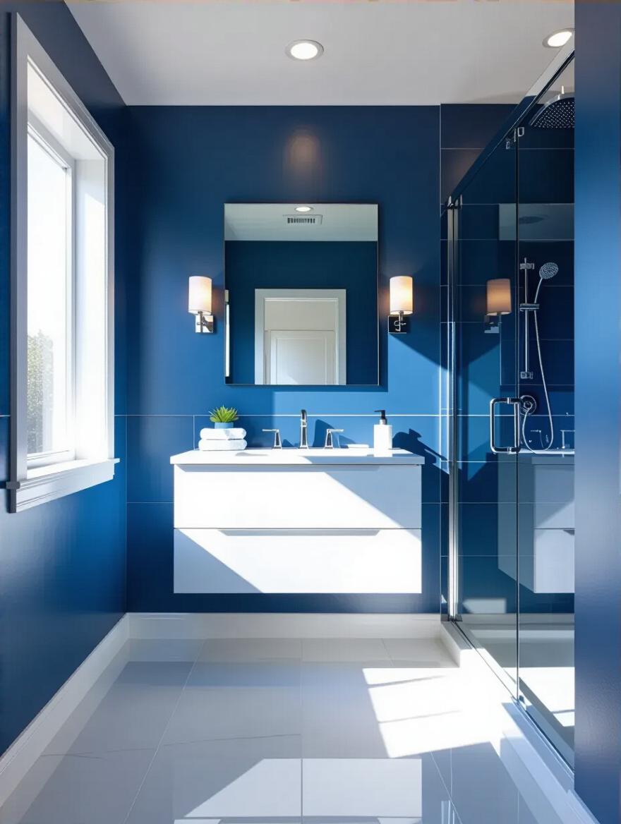 Portrait bathroom scene with blue wallpaper, humidity gauge, and vent