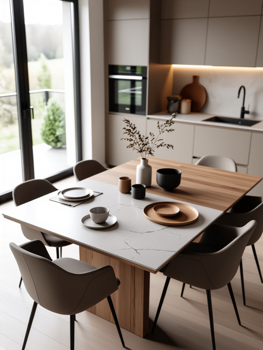 Vertical shot of a modern kitchen table displaying durable tabletop materials with edge detail