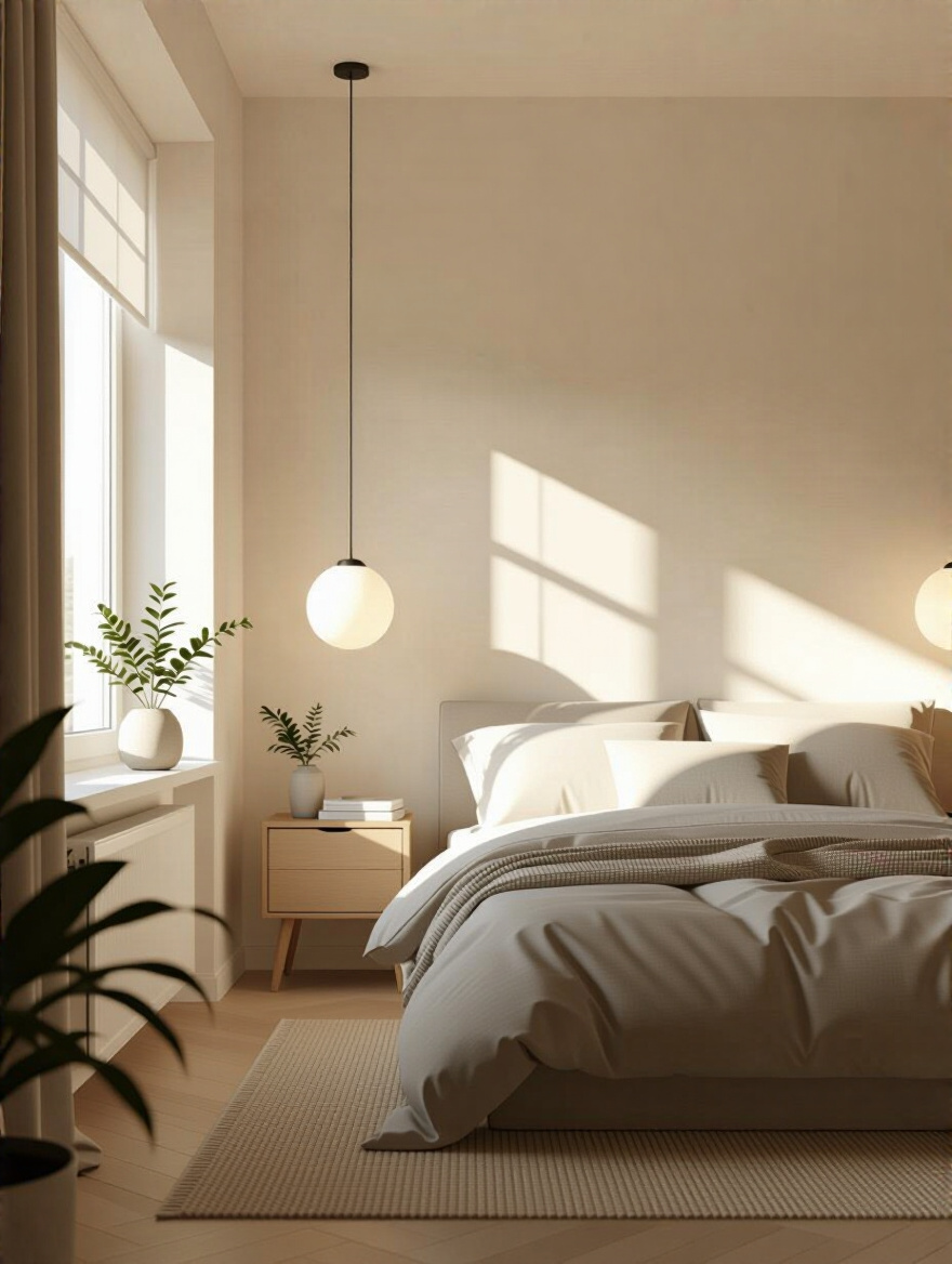A serene apartment bedroom with a window letting in natural light, showcasing existing overhead and bedside lamps, with some areas subtly shadowed, illustrating the process of evaluating current bedroom lighting.