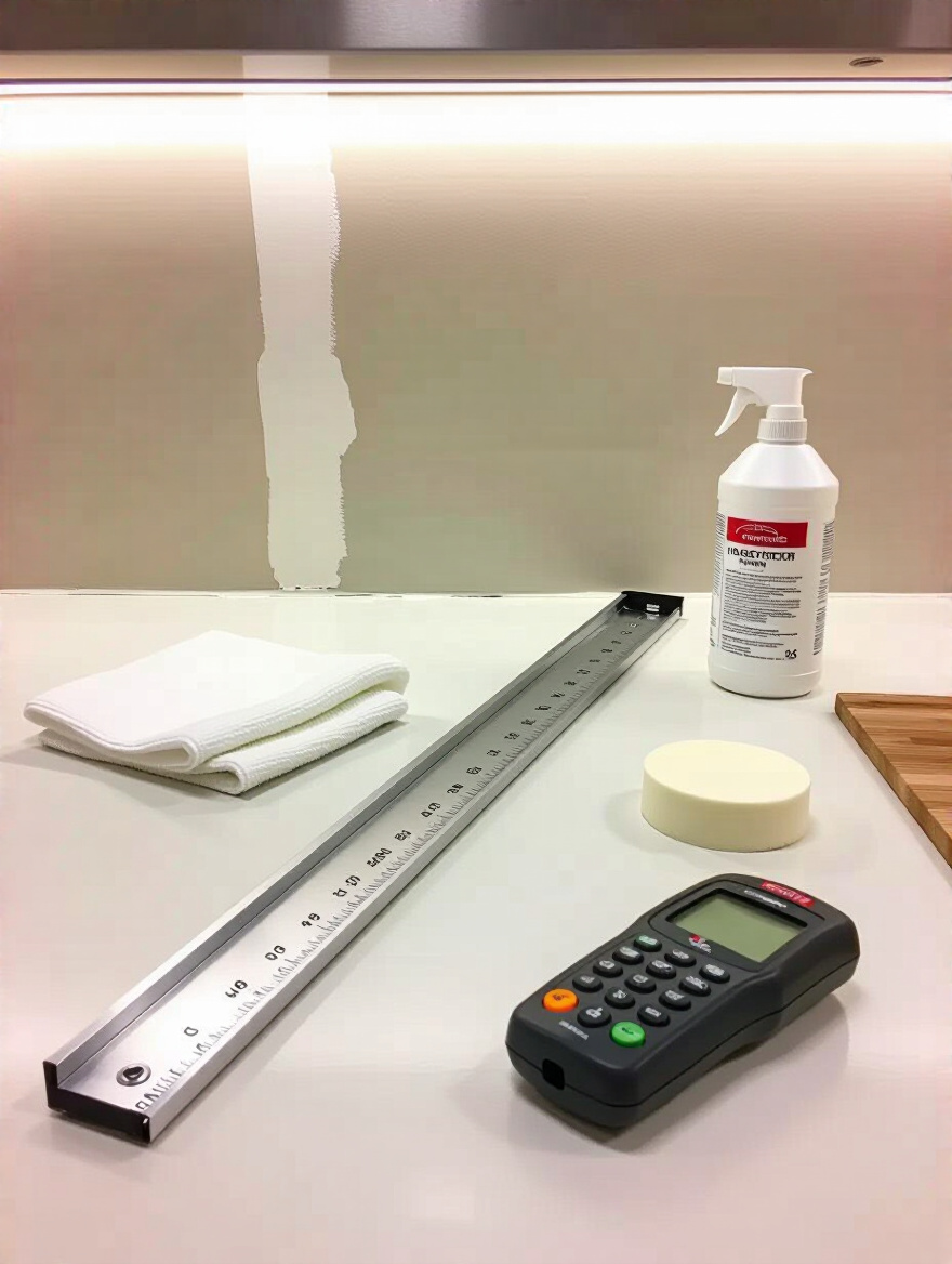 Portrait view of a wall prep scene in a modern kitchen showing adhesion prep tools and a straightedge
