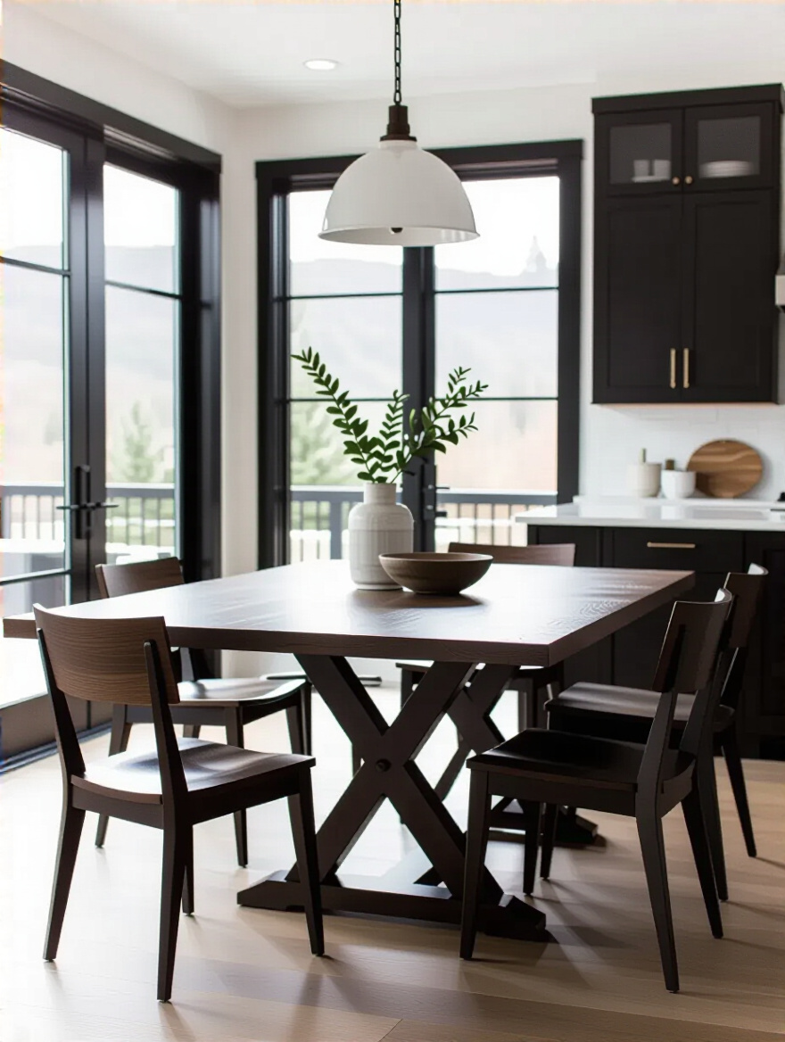 Portrait image of a modern kitchen table with a sturdy base design in a dining space