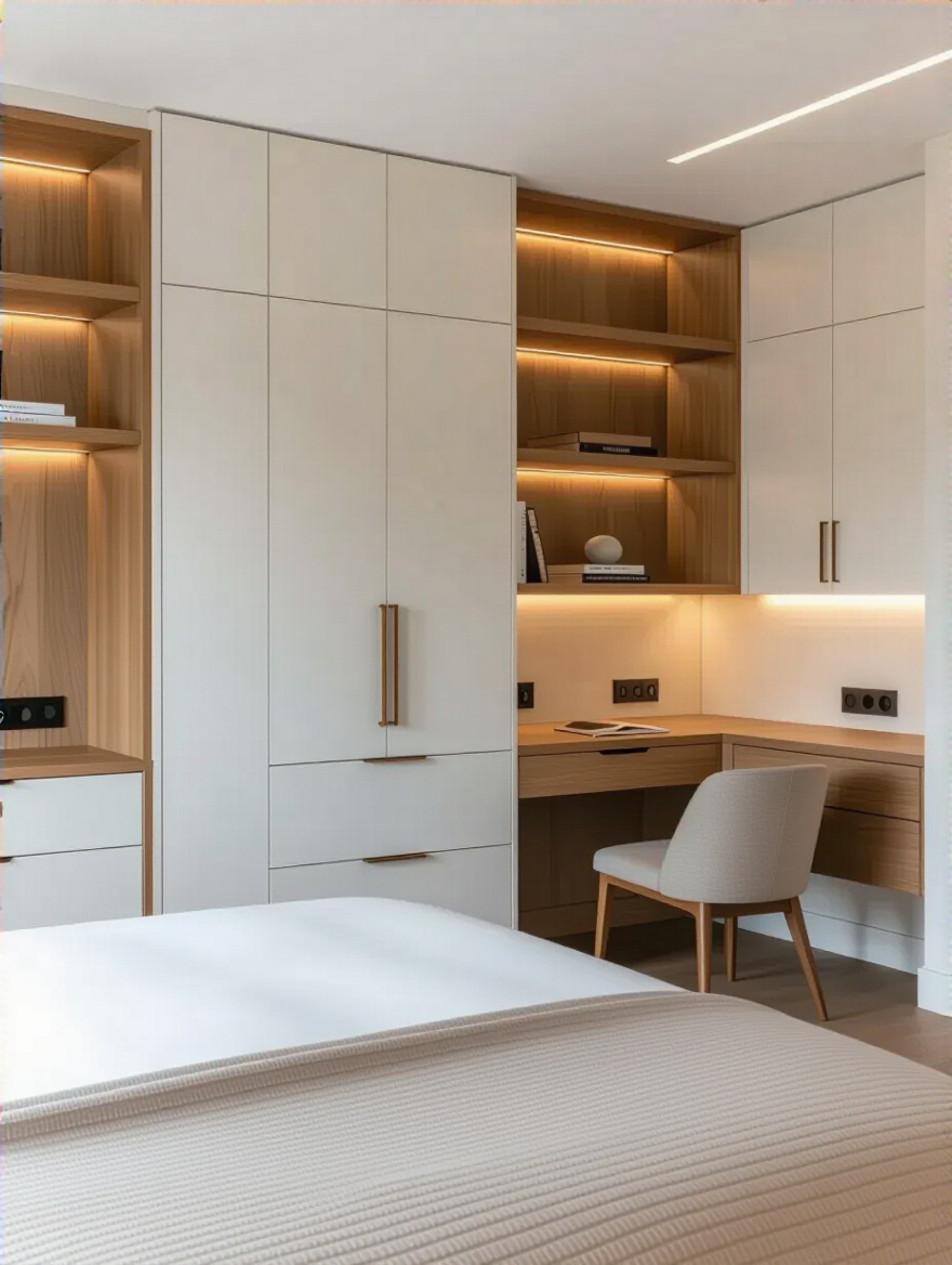 Modern bedroom with built-in storage, sleek wall unit, integrated drawers, minimalist design, custom furniture for space saving.