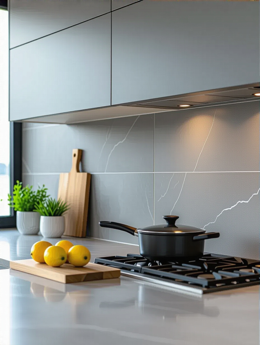 Portrait view of a modern kitchen backsplash with large-format tiles creating a seamless, expansive look.
