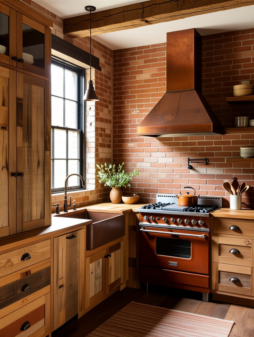 Vertical kitchen scene featuring salvaged cabinetry, copper range hood, and antique sink