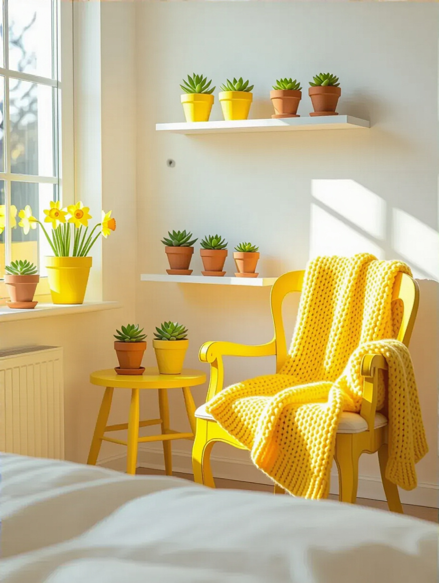 Bedroom corner with DIY yellow decor projects, featuring a bright yellow painted chair, yellow throw, and yellow succulent pots, showcasing personalized style.
