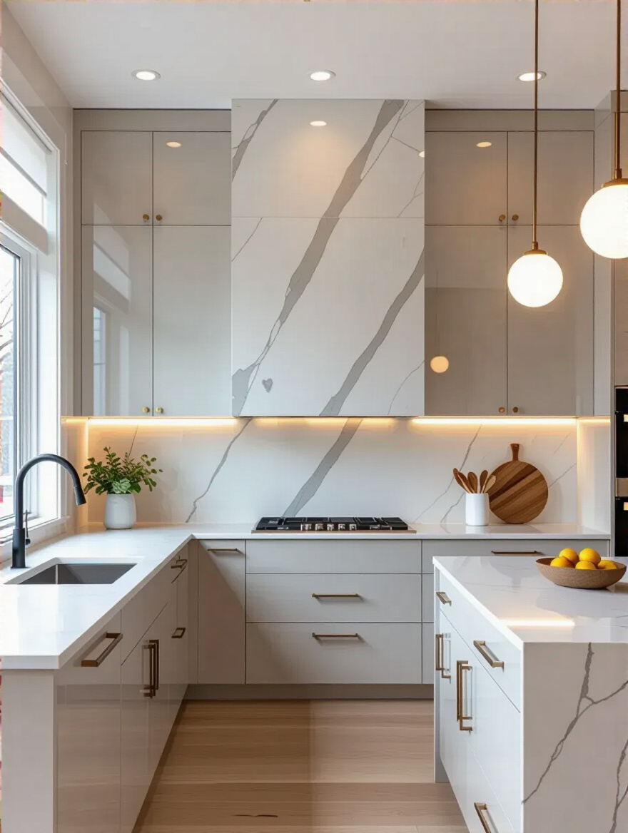 Portrait view of a modern kitchen with a ceiling-height backsplash