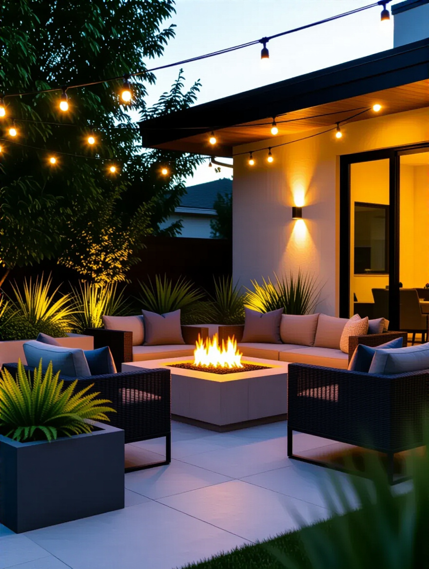 Stylish patio with a glowing fire pit and comfortable outdoor furniture, illustrating how outdoor heating elements extend patio usability.