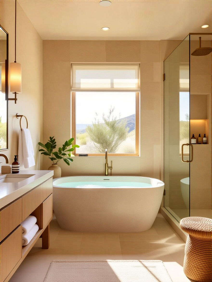 Luxurious bathroom spa portrait with warm ambient lighting and freestanding tub