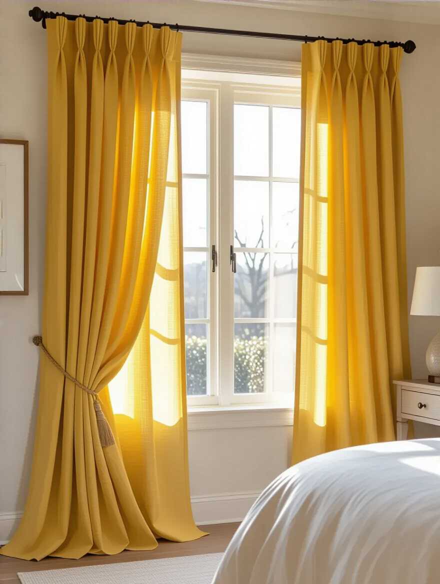 Elegant daffodil yellow linen curtains framing a sunlit bedroom window, offering both style and adjustable natural light control.
