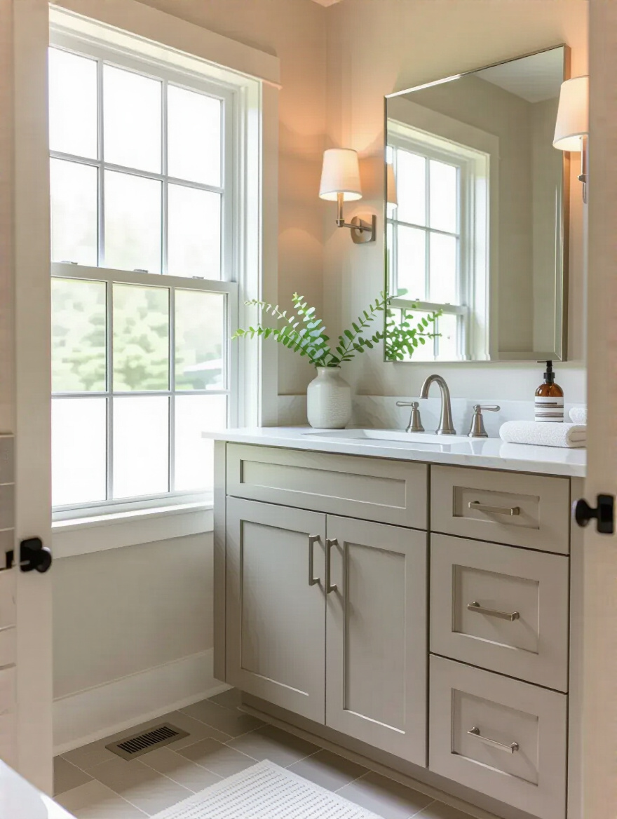 Bathroom vanity with freshly refinished cabinets and updated hardware