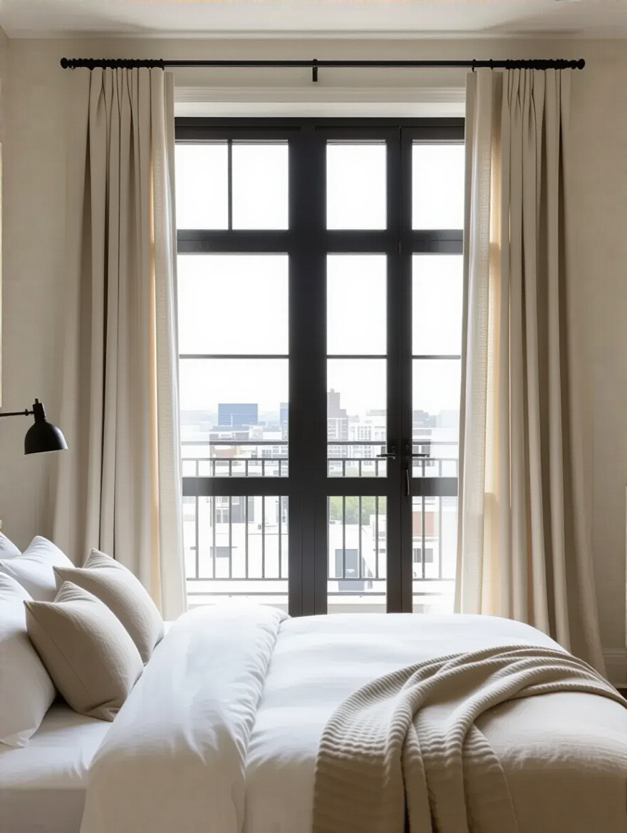 Bedroom with a large window and curtains hung high and wide near the ceiling, creating the illusion of a more spacious and airy room.