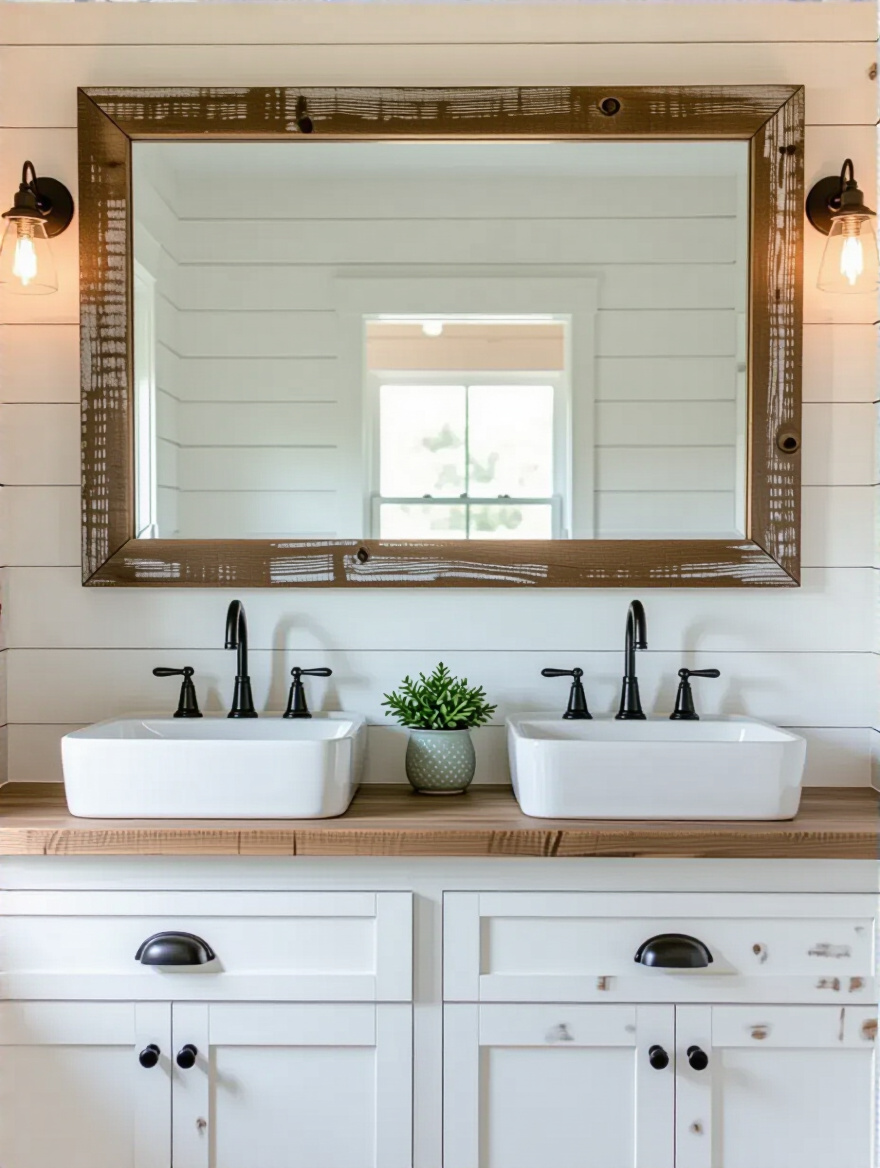 A beautifully styled farmhouse bathroom with a large rectangular mirror featuring a distressed rustic wooden frame over a white vanity, accented by shiplap walls.