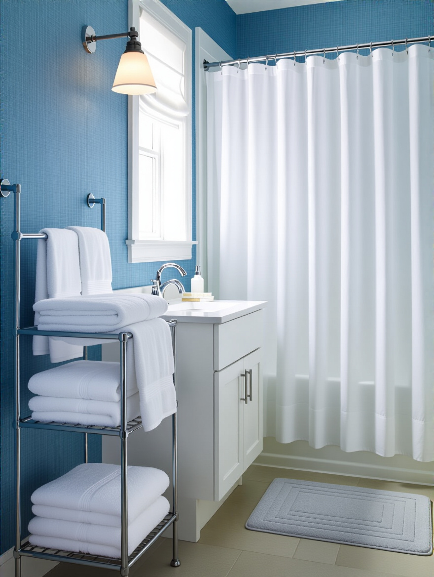 Coordinated bathroom textiles with blue wallpaper